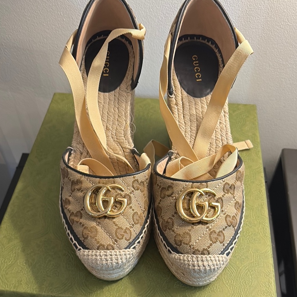 Gucci Tan and Gold Espadrille Wedges